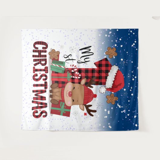 1e kerst Santa-hoed Witte Sneeuw Baby Rendier Wandkleed (Voorkant (horizontaal))