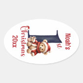 1e kerst Schattige Teddy Bear Baby Boy Ovale Sticker (Voorkant)
