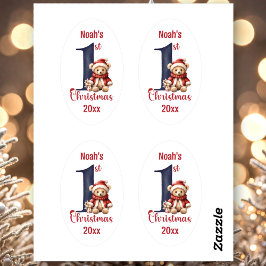 1e kerst Schattige Teddy Bear Baby Boy Ovale Sticker