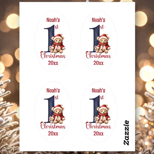 1e kerst Schattige Teddy Bear Baby Boy Ovale Sticker