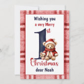 1e kerst Schattige Teddy Bear Baby Boy Rood Blauw Feestdagenkaart (Voorkant)