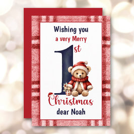 1e kerst Schattige Teddy Bear Baby Boy Rood Blauw Feestdagenkaart
