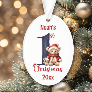 1e kerst Schattige Teddy Bear Baby Boy Rood Blauw Ornament