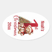 1e kerst Schattige Teddy Bear Kerstboom Ovale Sticker (Voorkant)