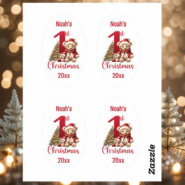 1e kerst Schattige Teddy Bear Kerstboom Ovale Sticker