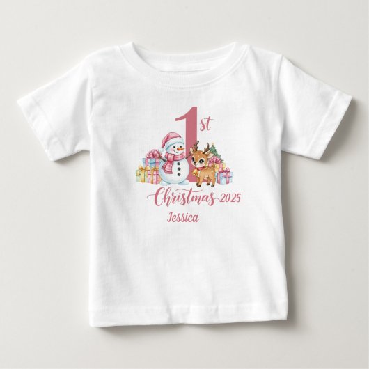 1e kerst t-shirt Roze Personaliseer (Voorkant)