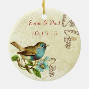 1e kerst Teal Vintage Vogel Foto Muzieknoot Keramisch Ornament