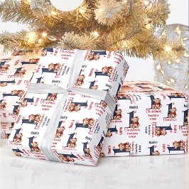 1e kerst teddybeer naam baby jongen rood blauw cadeaupapier