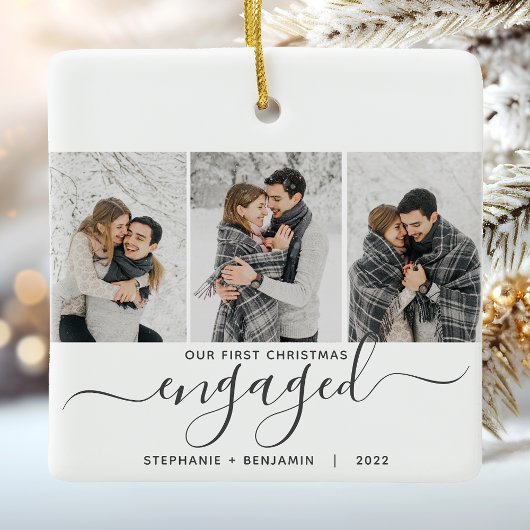 1e kerst verloofd 3 foto collage grijze script keramisch ornament