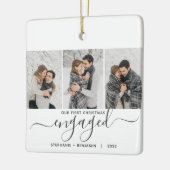 1e kerst verloofd 3 foto collage grijze script keramisch ornament (Links)