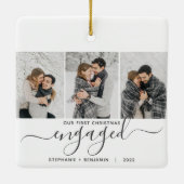 1e kerst verloofd 3 foto collage grijze script keramisch ornament (Achterkant)
