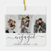 1e kerst verloofd 3 foto collage grijze script keramisch ornament (Voorkant)