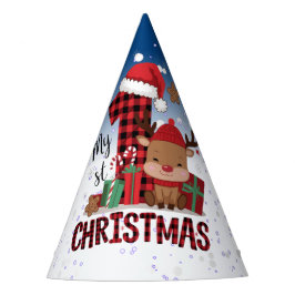 1e Kerst Witte Sneeuw Baby Rendier Blauwe Hemel Feesthoedjes