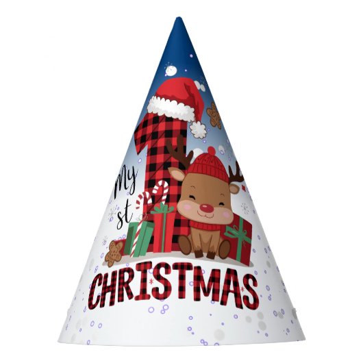 1e Kerst Witte Sneeuw Baby Rendier Blauwe Hemel Feesthoedjes (Voorkant)