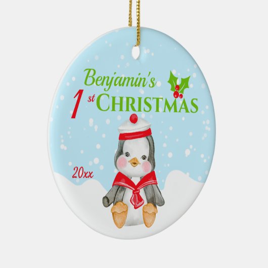 1e kerstbaby pinguïn foto keramisch ornament (Rechts)