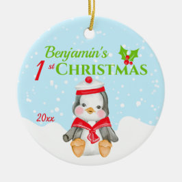 1e kerstbaby pinguïn foto keramisch ornament