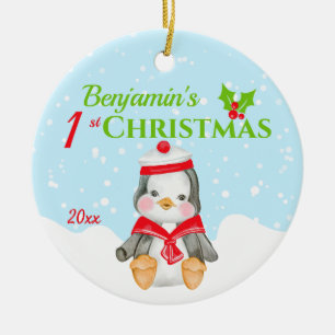 1e kerstbaby pinguïn foto keramisch ornament