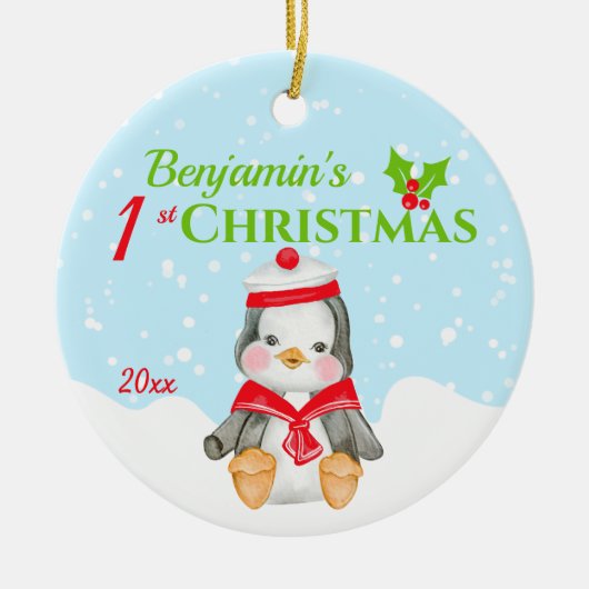 1e kerstbaby pinguïn foto keramisch ornament (Voorkant)