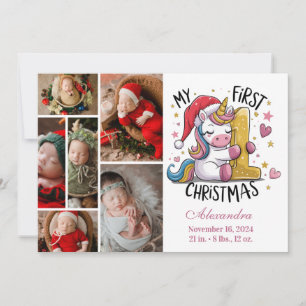 1e kerstfeest baby 6 foto  Roze gouden eenhoorn Feestdagenkaart