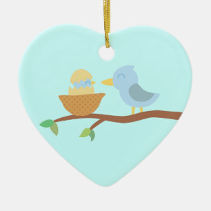 1e kerstfeest: Blauwe vogel met pas uitgekomen jon Keramisch Ornament