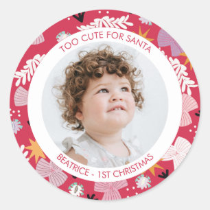 1e kerstfoto baby bloemig schattig trendy ronde sticker