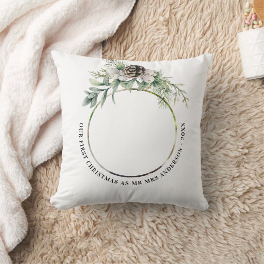 1e kerstfoto pasgetrouwden wit groen kussen (Deken)