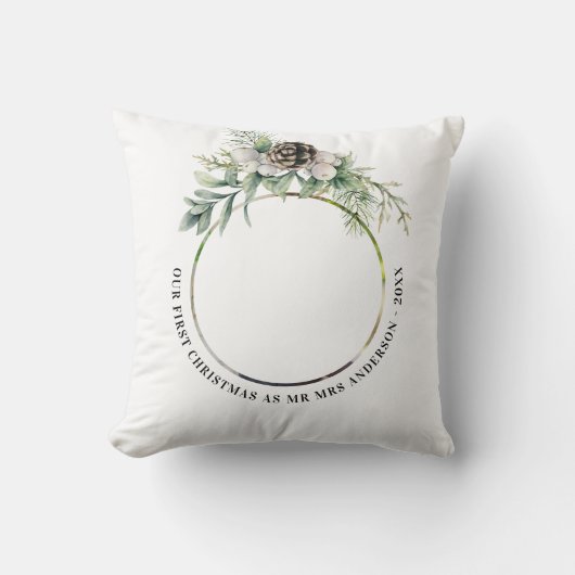 1e kerstfoto pasgetrouwden wit groen kussen (Voorkant)