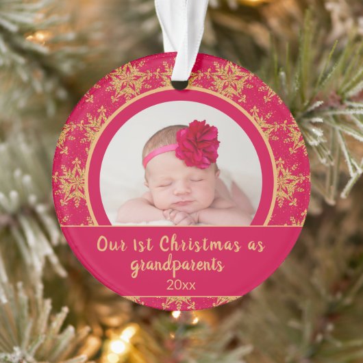 1e kerstfoto voor grootouders roze goud ornament (Boom)