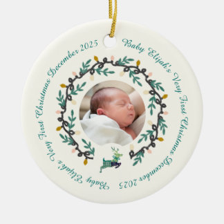 1e Kersthert met krans Teal Cream2 Keramisch Ornament