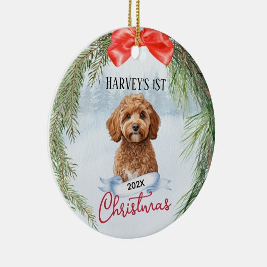 1e Kerstkrans Cavoodle Cavapoo Cavadoodle Keramisch Ornament (Rechts)
