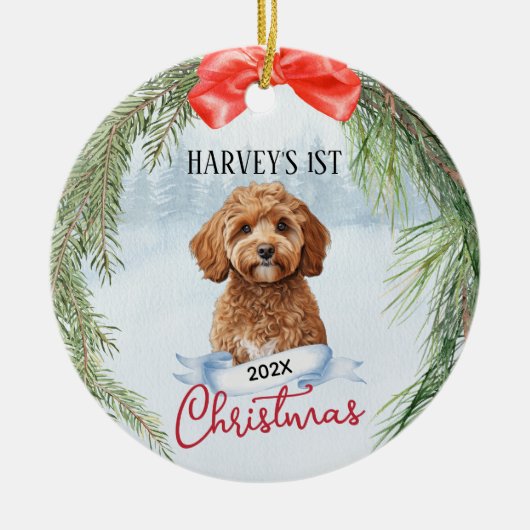 1e Kerstkrans Cavoodle Cavapoo Cavadoodle Keramisch Ornament (Voorkant)