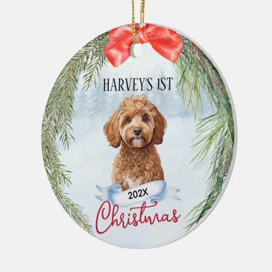 1e Kerstkrans Cavoodle Cavapoo Cavadoodle Keramisch Ornament (Links)