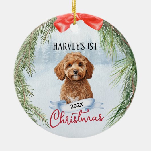 1e Kerstkrans Cavoodle Cavapoo Cavadoodle Keramisch Ornament (Achterkant)