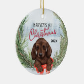 1e Kerstkrans Chocolade Bruin Dachshund Pup Keramisch Ornament (Rechts)