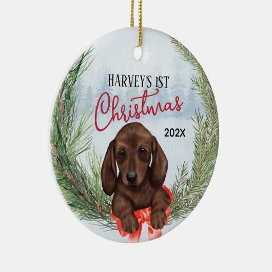 1e Kerstkrans Chocolade Bruin Dachshund Pup Keramisch Ornament (Rechts)
