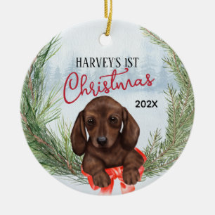 1e Kerstkrans Chocolade Bruin Dachshund Pup Keramisch Ornament