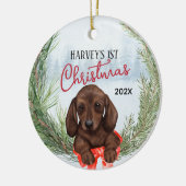 1e Kerstkrans Chocolade Bruin Dachshund Pup Keramisch Ornament (Links)