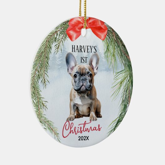 1e Kerstkrans Franse Bulldog Keramisch Ornament (Rechts)