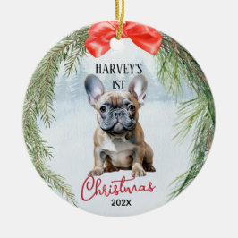1e Kerstkrans Franse Bulldog Keramisch Ornament