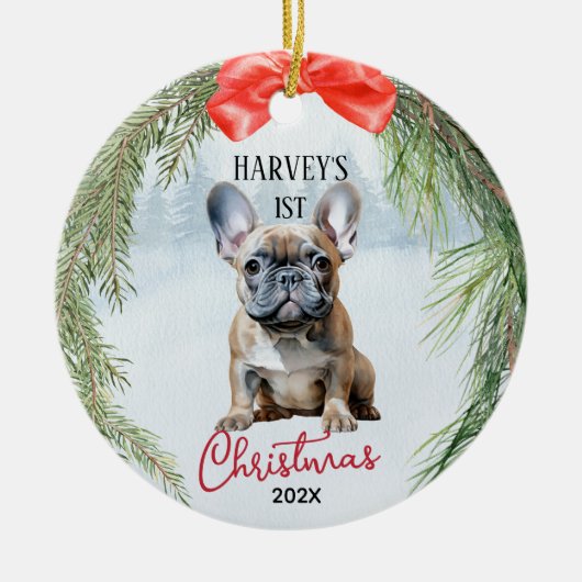 1e Kerstkrans Franse Bulldog Keramisch Ornament (Voorkant)