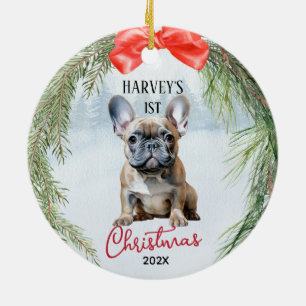 1e Kerstkrans Franse Bulldog Keramisch Ornament
