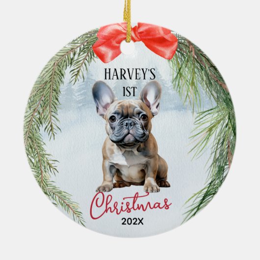1e Kerstkrans Franse Bulldog Keramisch Ornament (Achterkant)
