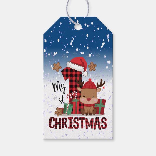 1e Kerstman Hoed Witte Sneeuw Baby Rendier Cadeaulabel (Voorkant)