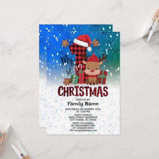 1e Kerstman Hoed Witte Sneeuw Baby Rendier Kaart (Voorkant / Achterkant in situ)