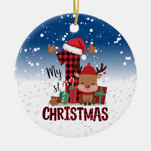 1e Kerstman Hoed Witte Sneeuw Baby Rendier Keramisch Ornament (Voorkant)