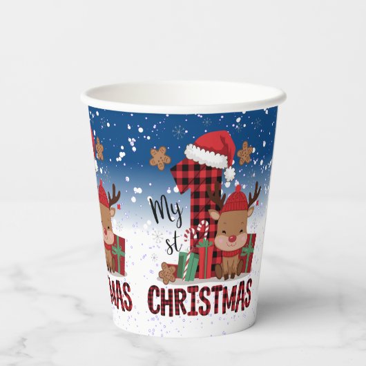 1e Kerstman Hoed Witte Sneeuw Baby Rendier Papieren Bekers (Achterkant)