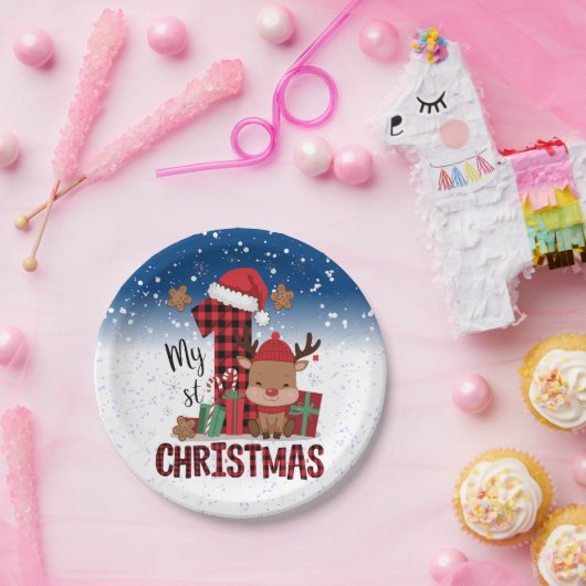 1e Kerstman Hoed Witte Sneeuw Baby Rendier Papieren Bordje (Feest)