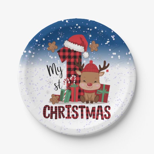 1e Kerstman Hoed Witte Sneeuw Baby Rendier Papieren Bordje (Voorkant)