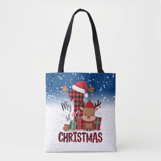 1e Kerstman Hoed Witte Sneeuw Baby Rendier Tote Bag (Voorkant)