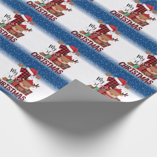 1e Kerstman Kerstmuts Witte Sneeuw Baby Rendier Cadeaupapier (Hoek)